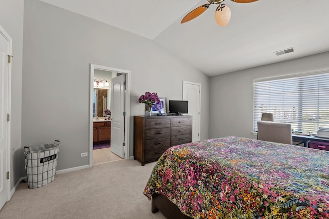 210 Station Park Cir, Grayslake, IL 60030 - bedroom featuring vaulted ceiling, light colored carpet, baseboards, connected bathroom, and a ceiling fan