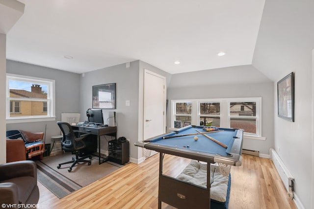 rec room featuring billiards, light wood-type flooring, baseboard heating, baseboards, and recessed lighting