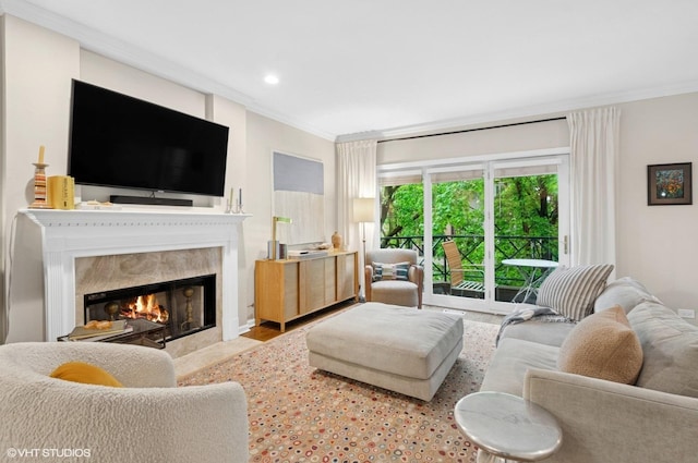 2842 N Southport Ave Unit 2, Chicago, IL 60657 - living room with crown molding, a premium fireplace, and recessed lighting