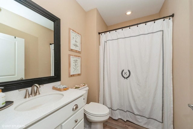 1200 Ardmoor Dr, Crystal Lake, IL 60012 - bathroom with toilet, vanity, wood finished floors, curtained shower, and recessed lighting