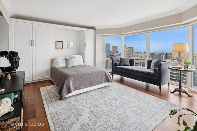 100 E Huron St Unit 4801, Chicago, IL 60611 - bedroom with dark wood-type flooring, ornamental molding, multiple windows, and a view of city