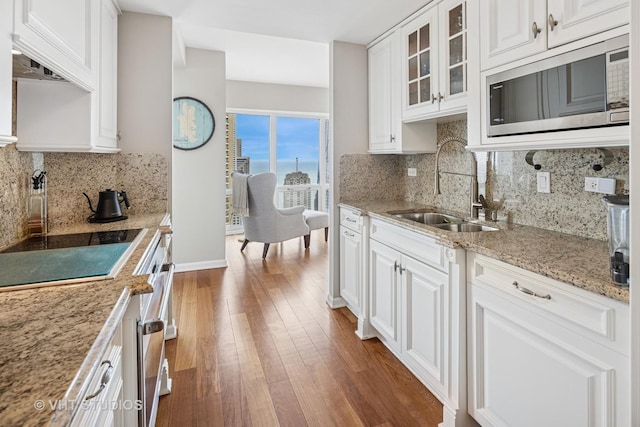 100 E Huron St Unit 4801, Chicago, IL 60611 - kitchen featuring stainless steel microwave, a sink, dark wood finished floors, and white cabinetry