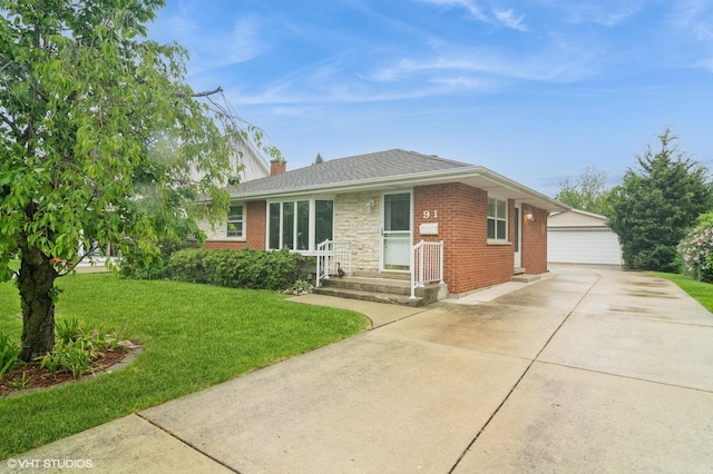 91 Fletcher Dr, Des Plaines, IL 60016 - ranch-style home featuring brick siding, an outbuilding, a chimney, and a front yard