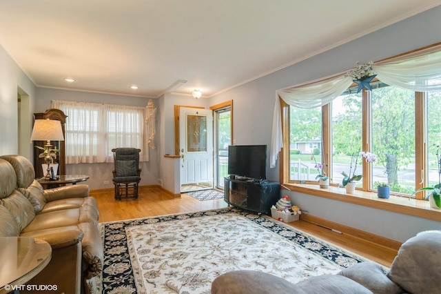 91 Fletcher Dr, Des Plaines, IL 60016 - living room with wood finished floors, baseboards, crown molding, and recessed lighting