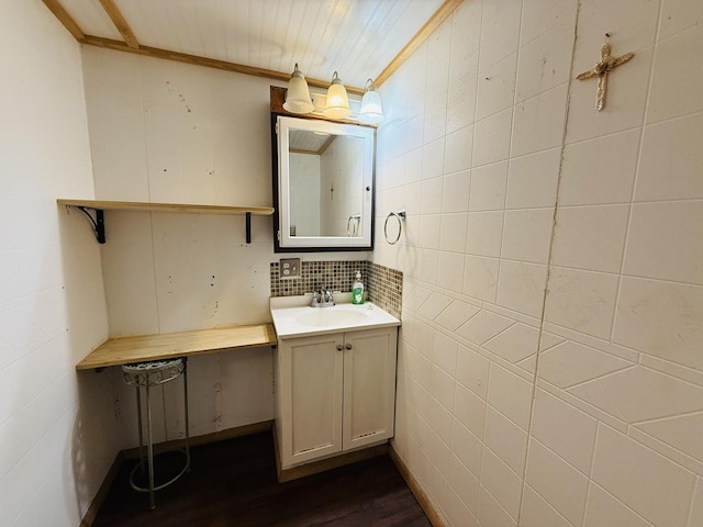 204 N Center St, Colfax, IL 61728 - bathroom with wood finished floors, vanity, and tasteful backsplash