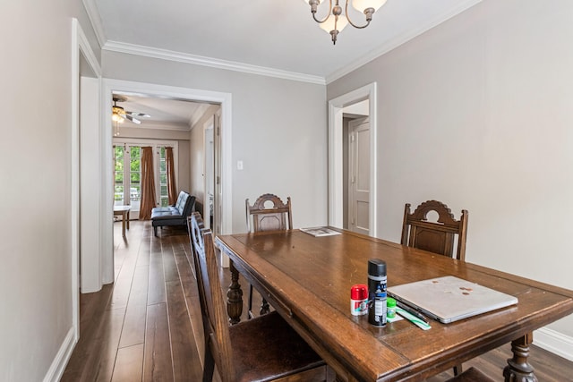 408 N Prairie St Unit 3, Champaign, IL 61820 - dining area featuring a chandelier, dark wood-type flooring, crown molding, baseboards, and ceiling fan