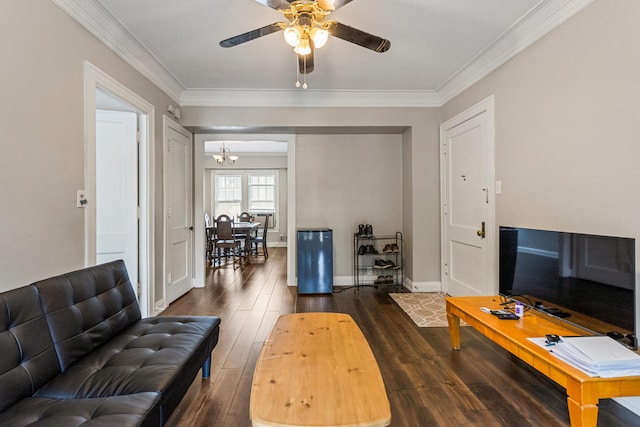 408 N Prairie St Unit 3, Champaign, IL 61820 - living area with dark wood-style floors, crown molding, ceiling fan, a chandelier, and baseboards