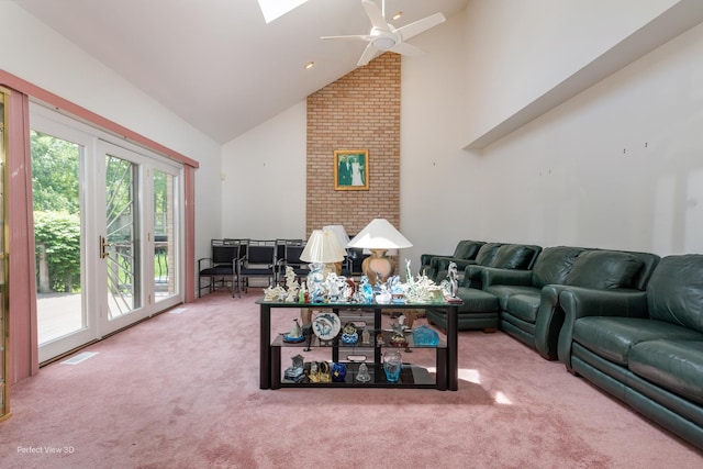 20825 Brookside Blvd, Olympia Fields, IL 60461 - living area with carpet, high vaulted ceiling, a ceiling fan, and a skylight