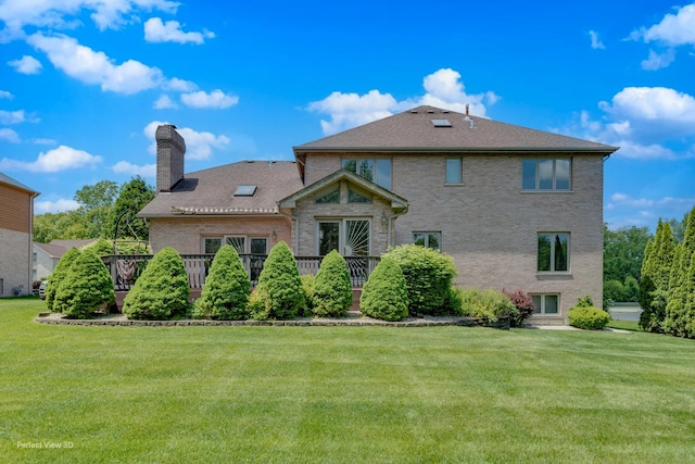 20825 Brookside Blvd, Olympia Fields, IL 60461 - back of property with a chimney, brick siding, a yard, and a wooden deck