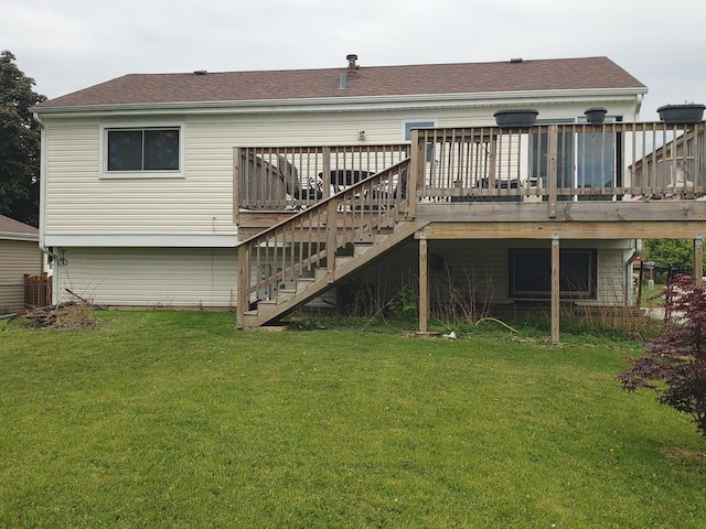 1020 Woodside Dr, Roselle, IL 60172 - rear view of house with a wooden deck, stairs, a yard, and a shingled roof