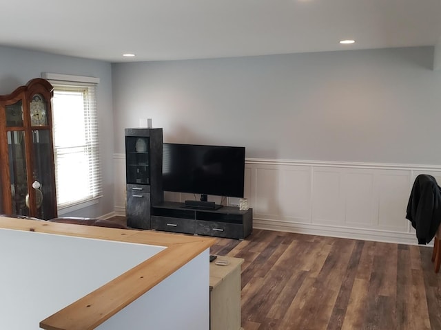 1020 Woodside Dr, Roselle, IL 60172 - living room featuring dark wood finished floors, a wainscoted wall, recessed lighting, and a decorative wall