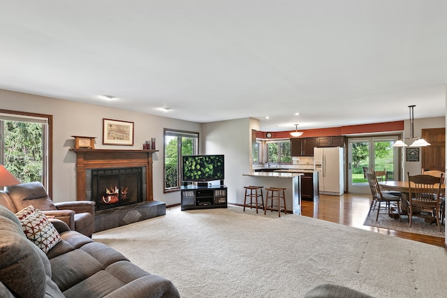 1224 Barclay Cir, Inverness, IL 60010 - living room with plenty of natural light, light carpet, a fireplace, and recessed lighting