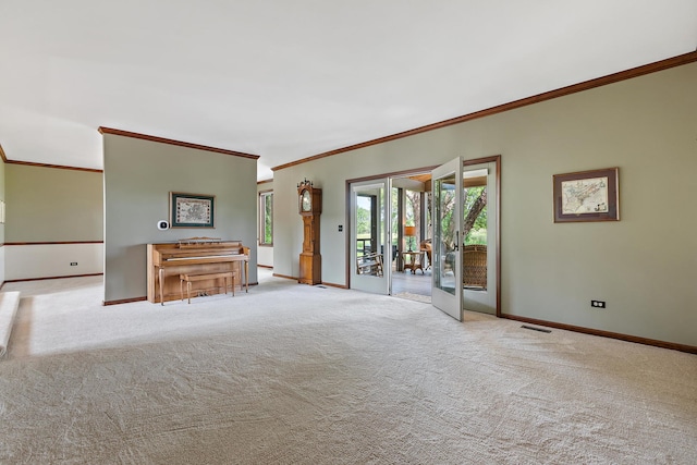1224 Barclay Cir, Inverness, IL 60010 - unfurnished living room featuring ornamental molding, baseboards, carpet floors, and french doors