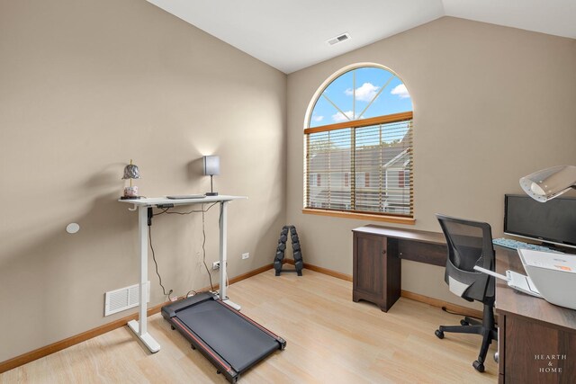 127 Village Creek Dr Unit 0, Lake In The Hills, IL 60156 - home office with lofted ceiling, baseboards, and wood finished floors