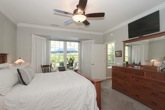 12370 Russet Ln, Huntley, IL 60142 - bedroom featuring ornamental molding, light colored carpet, and a ceiling fan