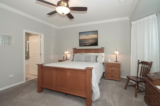 12370 Russet Ln, Huntley, IL 60142 - bedroom featuring crown molding, light colored carpet, baseboards, ensuite bathroom, and ceiling fan