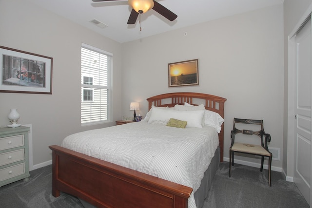 12370 Russet Ln, Huntley, IL 60142 - bedroom with dark colored carpet, baseboards, and ceiling fan