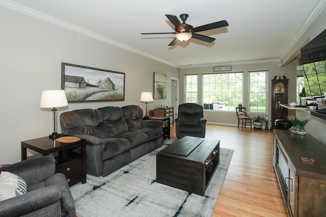 12370 Russet Ln, Huntley, IL 60142 - living area with light wood finished floors, ceiling fan, and ornamental molding