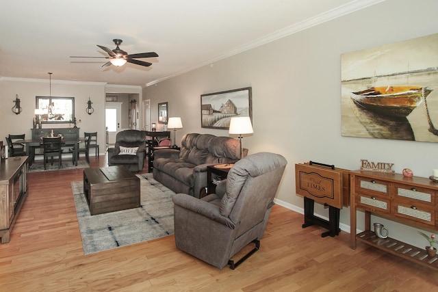 12370 Russet Ln, Huntley, IL 60142 - living room featuring light wood-style floors, ceiling fan, ornamental molding, and baseboards
