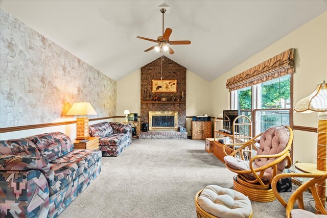 620 W 58th St, Westmont, IL 60559 - living room with ceiling fan, lofted ceiling, carpet, and a brick fireplace