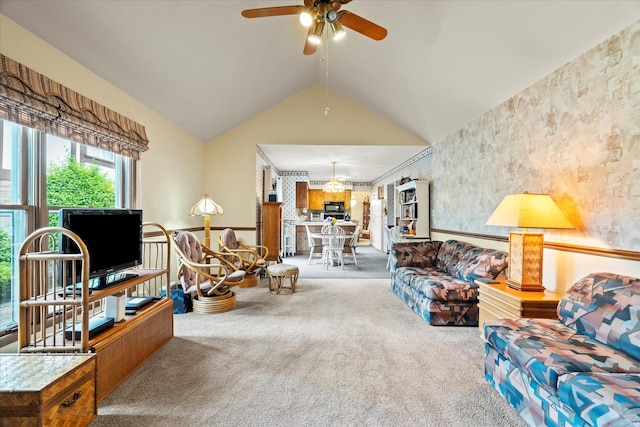 620 W 58th St, Westmont, IL 60559 - living area with carpet floors, a ceiling fan, and lofted ceiling