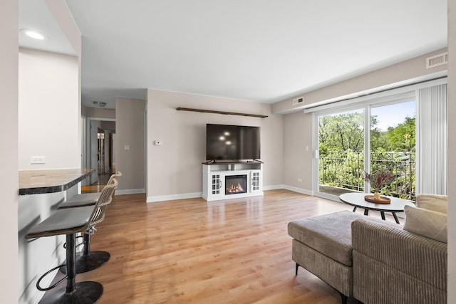 812 N River Rd Unit 3B, Mount Prospect, IL 60056 - living room with baseboards, light wood finished floors, and a glass covered fireplace