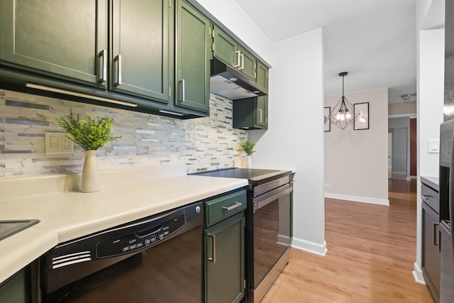 812 N River Rd Unit 3B, Mount Prospect, IL 60056 - kitchen featuring green cabinetry, black dishwasher, electric range, tasteful backsplash, and under cabinet range hood