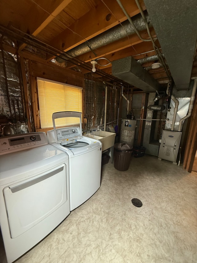 17121 Bernadine St, Lansing, IL 60438 - washroom with water heater, washing machine and dryer, heating unit, and tile patterned floors