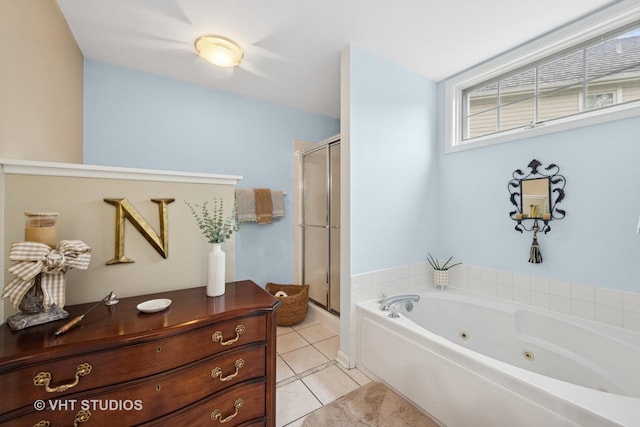 2260 Brookside Ct, Aurora, IL 60502 - bathroom featuring tile patterned flooring, a shower stall, and a jetted tub