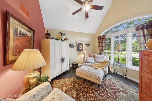 2260 Brookside Ct, Aurora, IL 60502 - living area with plenty of natural light, a ceiling fan, baseboards, dark wood-style flooring, and high vaulted ceiling