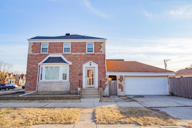 3356 N New England Ave, Chicago, IL 60634 - traditional-style home with concrete driveway, brick siding, an attached garage, fence, and a shingled roof