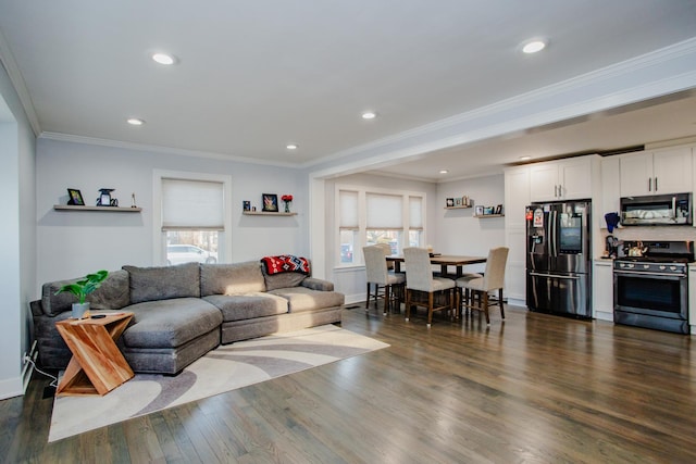 3356 N New England Ave, Chicago, IL 60634 - living area with healthy amount of natural light, dark wood-type flooring, recessed lighting, baseboards, and ornamental molding