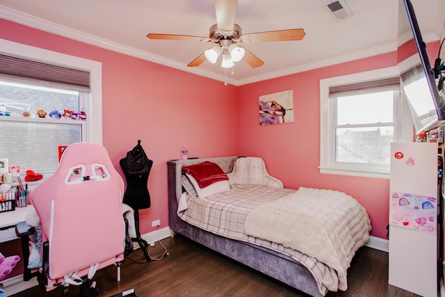 3356 N New England Ave, Chicago, IL 60634 - bedroom featuring baseboards, dark wood-style flooring, crown molding, and ceiling fan