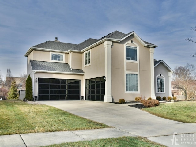 2303 Kentuck Ct, Naperville, IL 60564 - traditional-style home with a garage, concrete driveway, stucco siding, a front yard, and a shingled roof