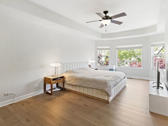 2303 Kentuck Ct, Naperville, IL 60564 - bedroom featuring a raised ceiling, light wood finished floors, baseboards, and a ceiling fan