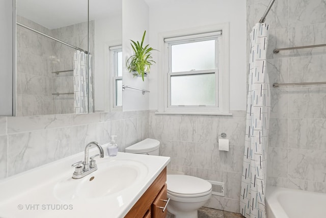 1401 S 6th Ave, Des Plaines, IL 60018 - full bathroom with vanity, tile walls, shower / tub combo with curtain, and a wainscoted wall