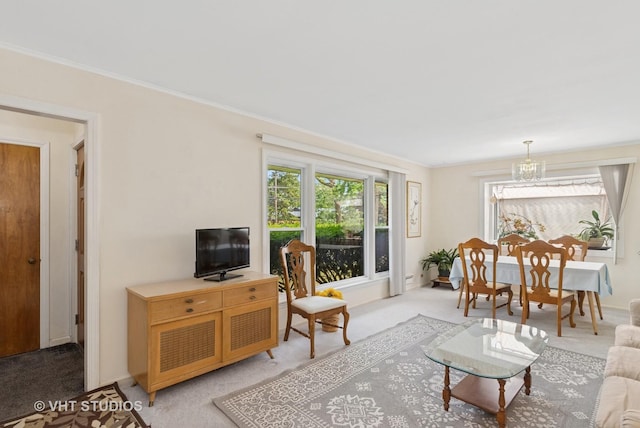 1401 S 6th Ave, Des Plaines, IL 60018 - living room with light carpet, a chandelier, and crown molding
