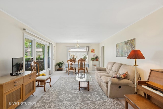 1401 S 6th Ave, Des Plaines, IL 60018 - living room featuring light colored carpet, crown molding, and a chandelier