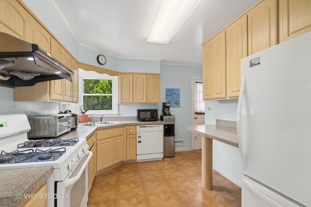 1401 S 6th Ave, Des Plaines, IL 60018 - kitchen featuring white appliances, light brown cabinets, light countertops, and ornamental molding