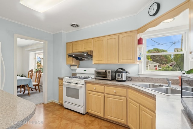 1401 S 6th Ave, Des Plaines, IL 60018 - kitchen with white gas range, light brown cabinets, under cabinet range hood, light countertops, and ornamental molding