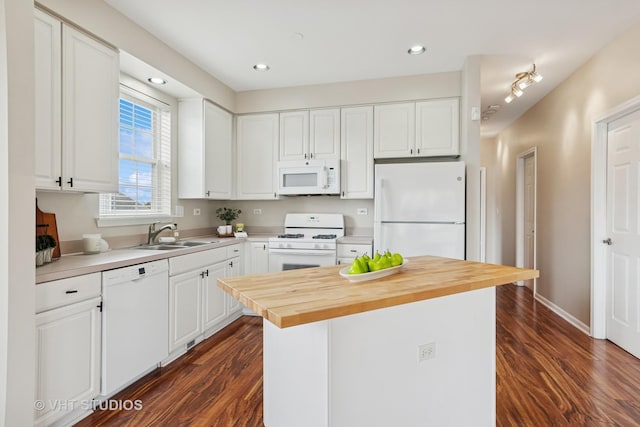 66 N Palazzo Dr, Addison, IL 60101 - kitchen featuring white appliances, a sink, butcher block counters, dark wood finished floors, and recessed lighting