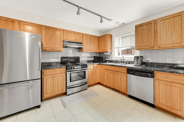 1925 W 34th St Unit A, Chicago, IL 60608 - kitchen featuring appliances with stainless steel finishes, under cabinet range hood, a sink, and dark countertops