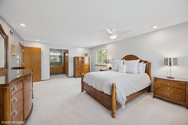 2950 Becket Ave, Westchester, IL 60154 - bedroom featuring light colored carpet, recessed lighting, connected bathroom, and a ceiling fan