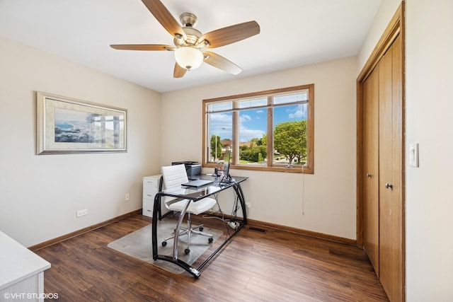 2950 Becket Ave, Westchester, IL 60154 - home office featuring dark wood-style floors, a ceiling fan, and baseboards