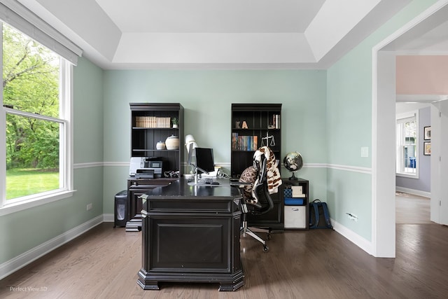 18089 W Pond Ridge Cir, Gurnee, IL 60031 - home office featuring a tray ceiling, wood finished floors, and baseboards