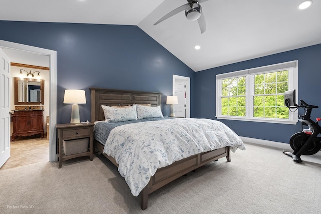 18089 W Pond Ridge Cir, Gurnee, IL 60031 - bedroom featuring light colored carpet, lofted ceiling, recessed lighting, baseboards, and a ceiling fan