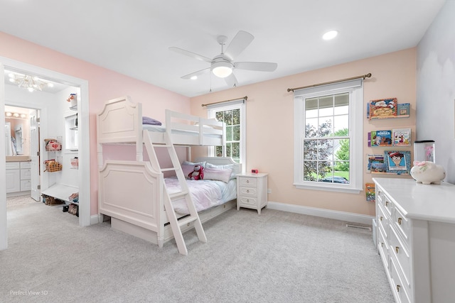 18089 W Pond Ridge Cir, Gurnee, IL 60031 - bedroom with light carpet, baseboards, ceiling fan, recessed lighting, and a chandelier
