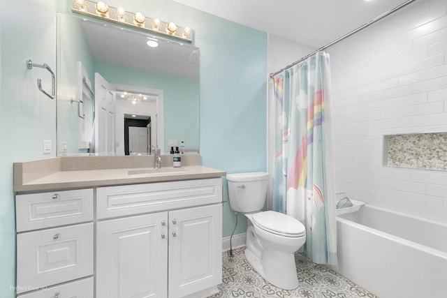 18089 W Pond Ridge Cir, Gurnee, IL 60031 - bathroom with vanity, toilet, shower / bath combo with shower curtain, tile patterned floors, and baseboards