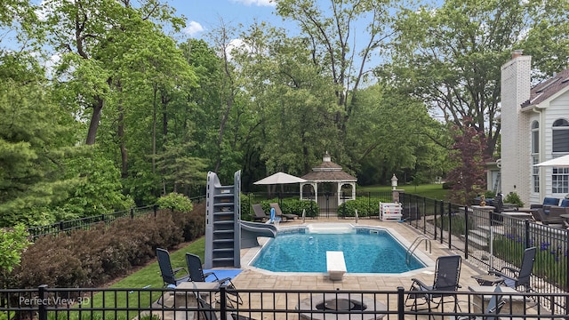 18089 W Pond Ridge Cir, Gurnee, IL 60031 - view of pool featuring a gazebo, a water slide, a patio area, stairs, and a diving board