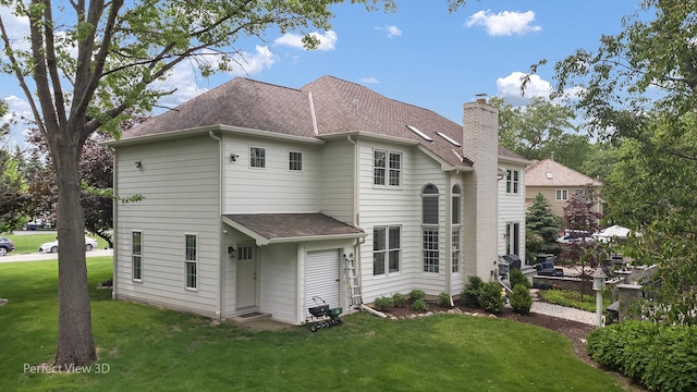 18089 W Pond Ridge Cir, Gurnee, IL 60031 - back of house featuring a shingled roof, a yard, and a chimney